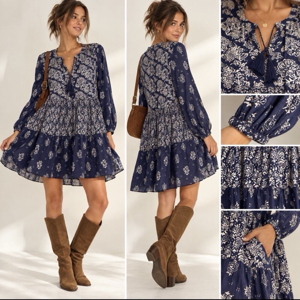 Maeve Anthropologie XS Navy Floral Block Print Tiered Boho Dress Tassel Tie